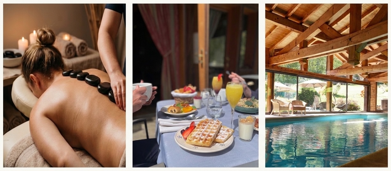 Triptych: left a woman getting a hot-stone massage; middle a brunch table with waffles and drinks; right an indoor pool under timber beams.