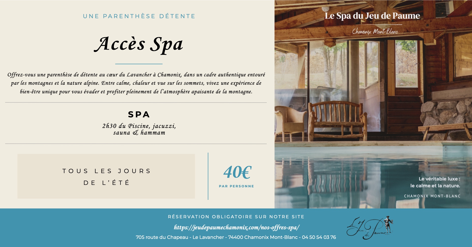 Flyer Access Spa au Jeu de Paume Chamonix, indoor swimming pool and espathis sense of well-being in the face of the Aiguilles du Mont-Blanc