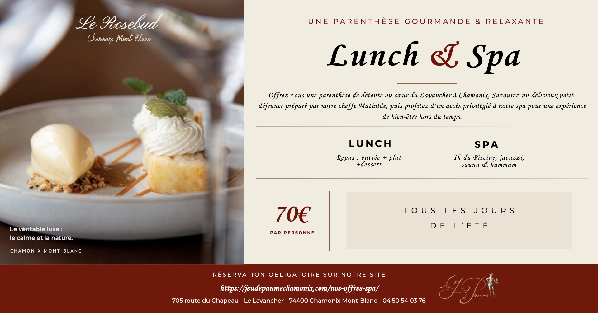 Flyer offers Lunch & Spa at The Rosebud restaurant, Hotel Jeu de Paume Chamonix