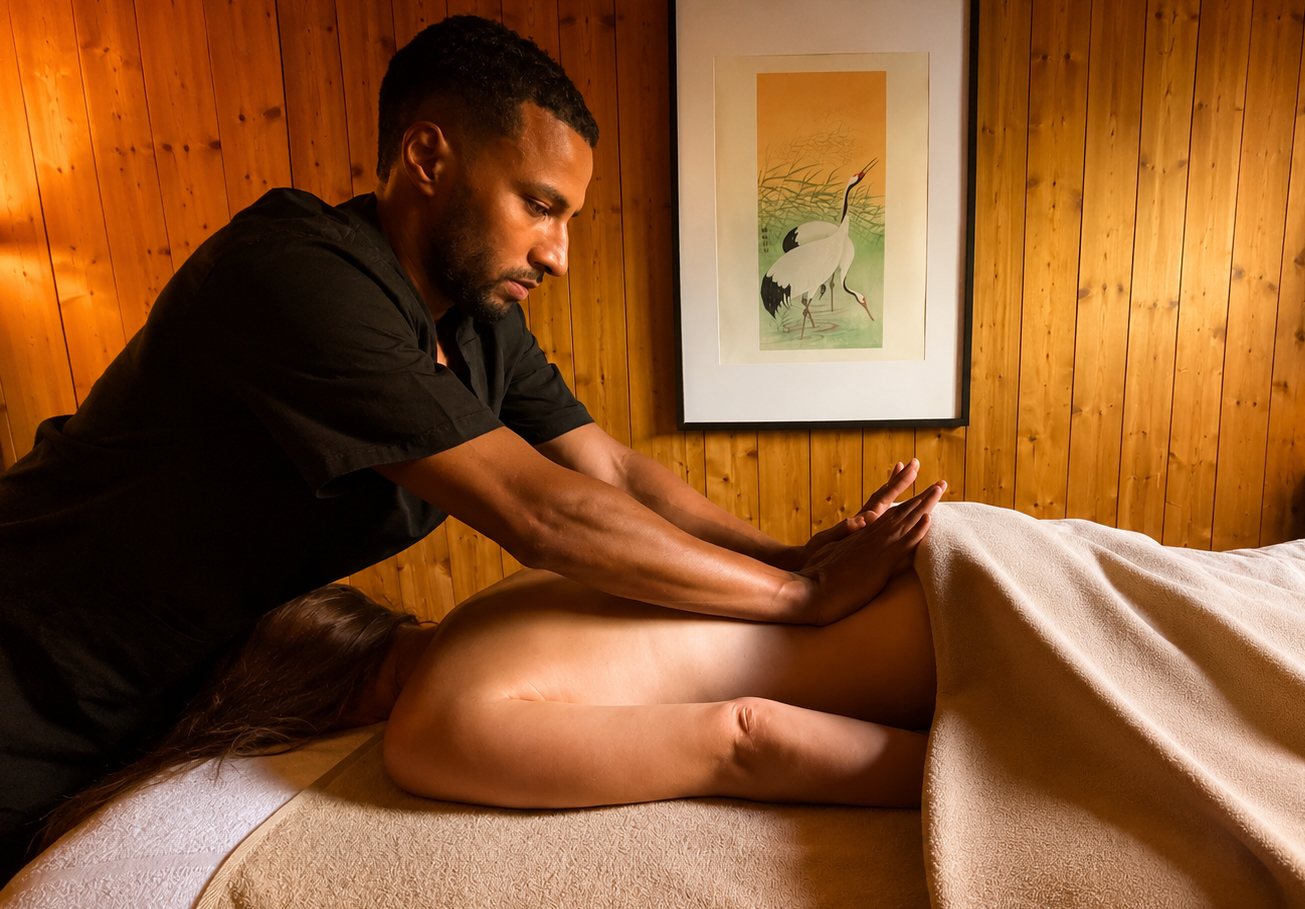 Massage du dos réalisé par Medali au spa du Jeu de Paume, Chamonix